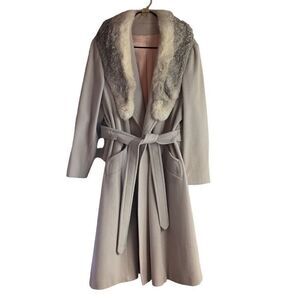Women's Light Gray Trench Coat with Plush Faux Fur Collar